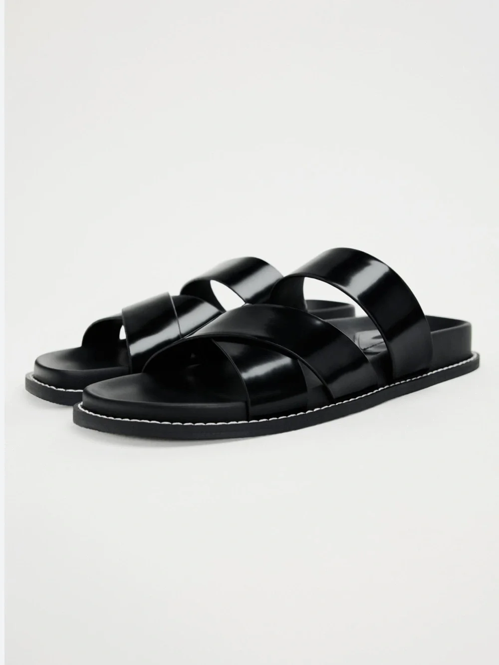 Zara Black Leather Double-Strap Slide Sandals